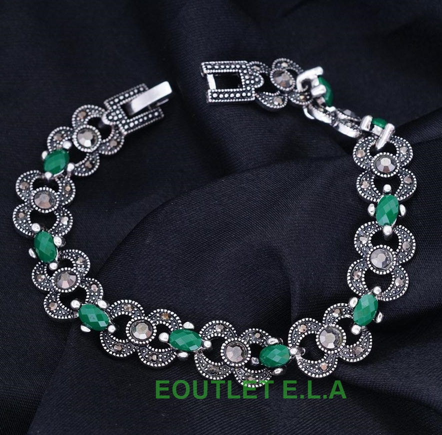 VINTAGE STYLE GREEN N BLACK BEADS SILVER BRACELET-up to 19cm